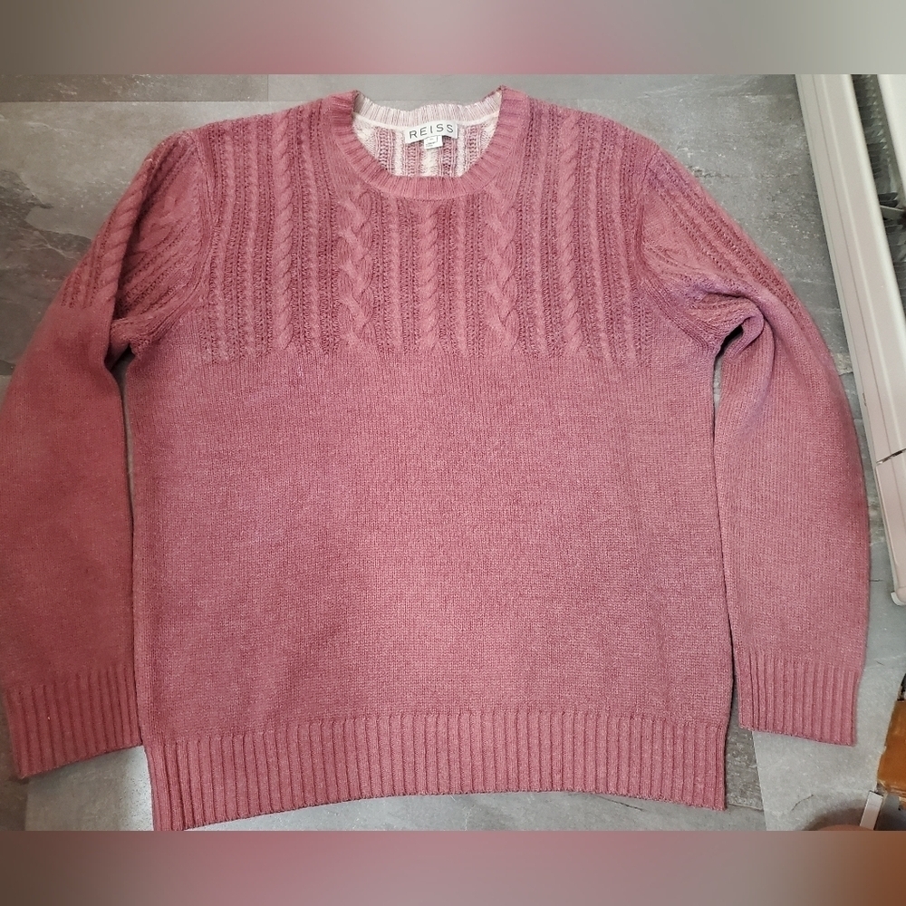 Reiss Heathered Old Pink/White Sweater. Crewneck. Cable & Ribbed. XL. Wool Blend